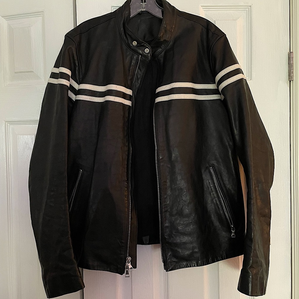 Vince. Vince Contrast Stripe Moto Leather Jacket - Black.